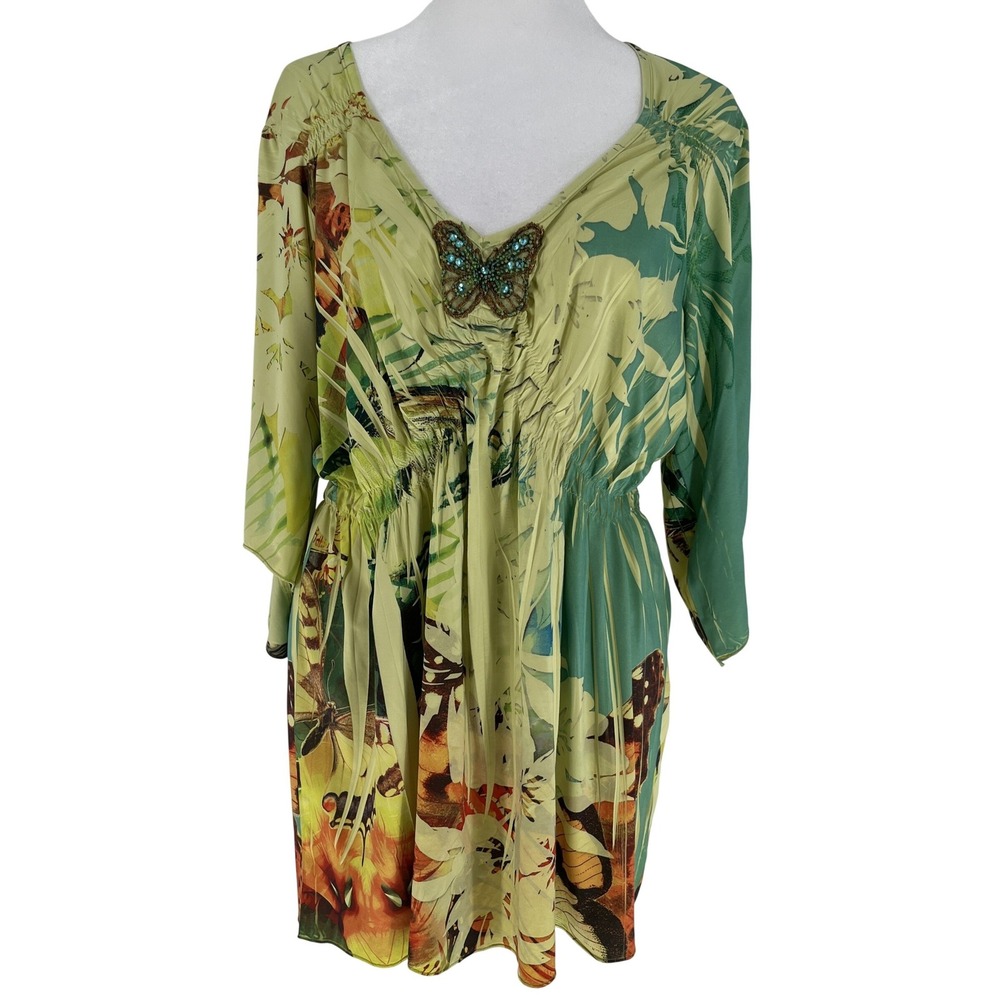 One World Butterfly Embellished Tunic Top L Green Floral Stretch 3/4 Sleeve Boho